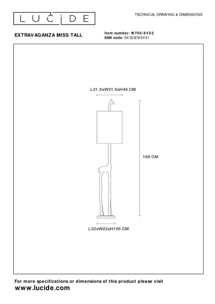 Lucide EXTRAVAGANZA MISS TALL - Vloerlamp - Ø 31,5 cm - 1xE27 - Mat Goud / Messing - technisch